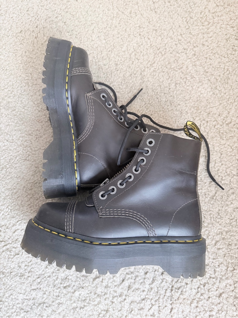 Dr. Martens Black Leather Lace-Up Boots with Yellow Detail